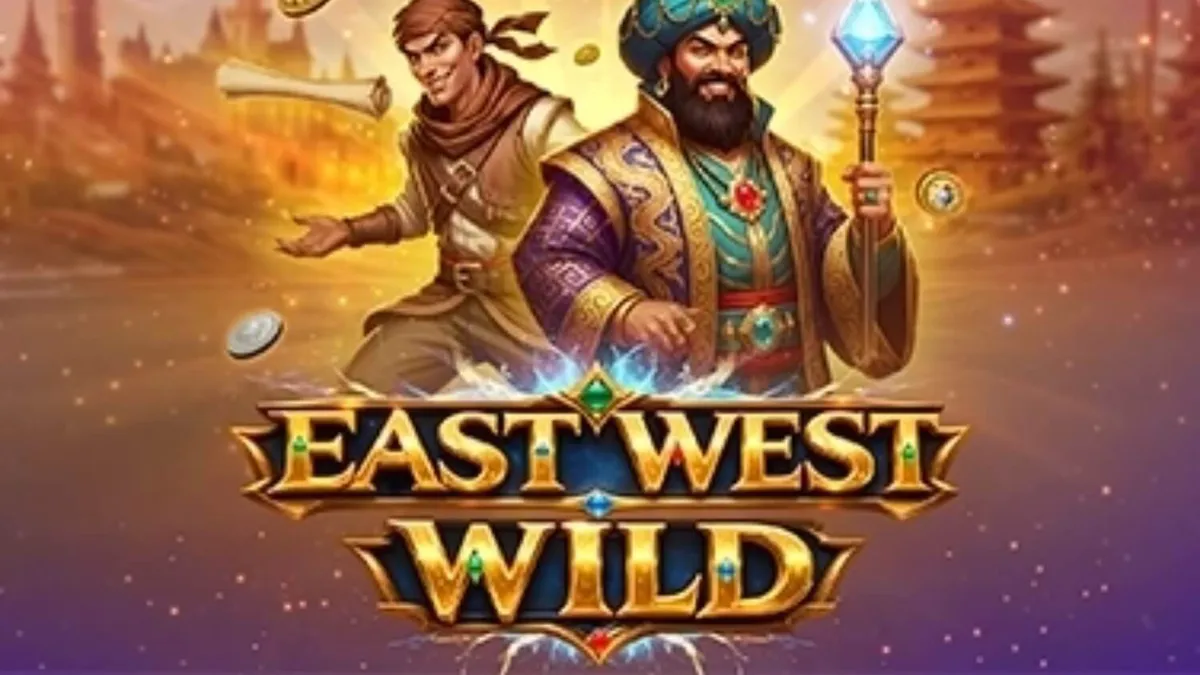 Tampilan visual slot East West Wild dengan tema Jalur Sutra dan simbol emas.